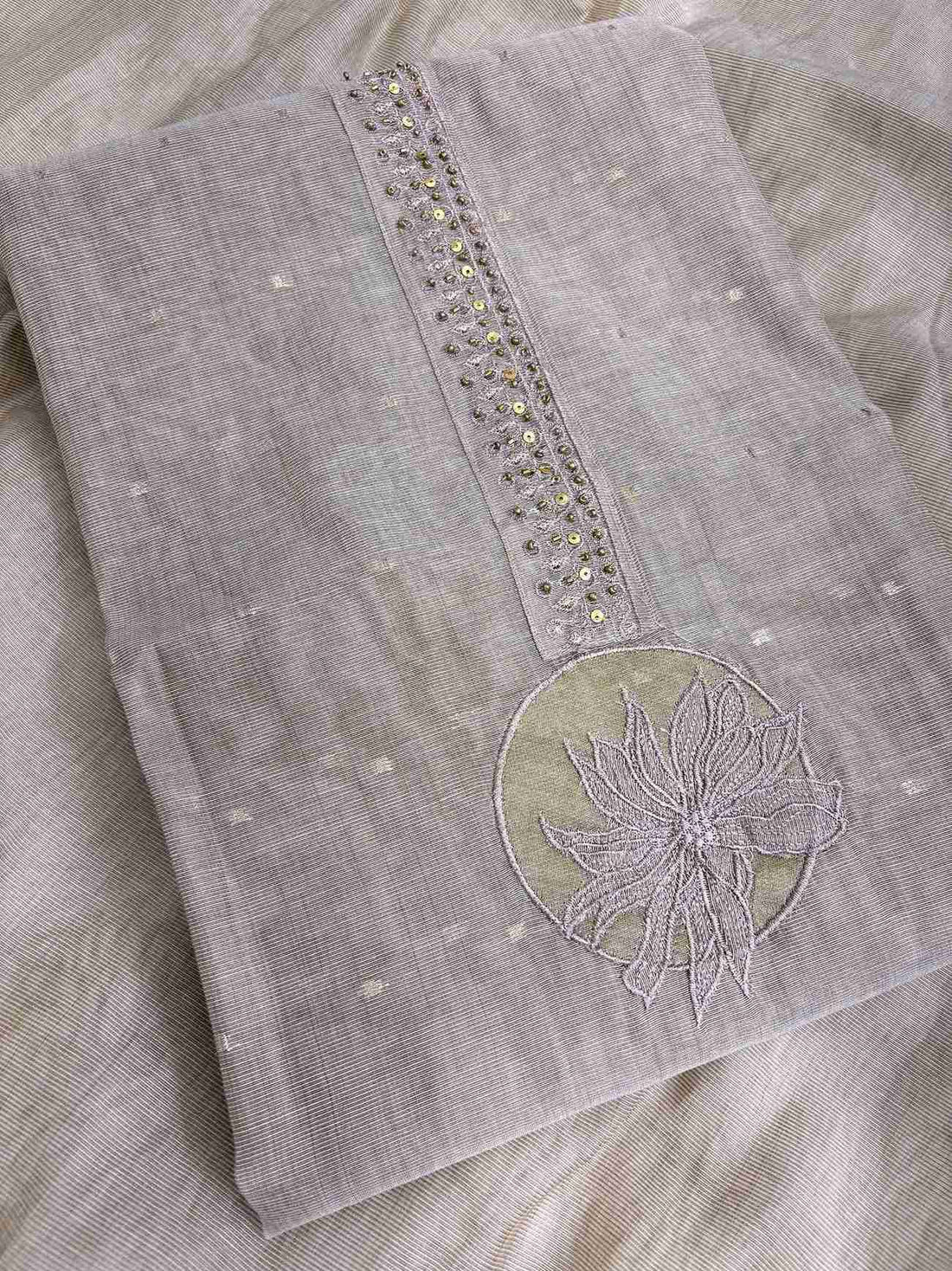 Broad gold zari patta at hemline of rose-gold jamdani cotton unstitched shirt