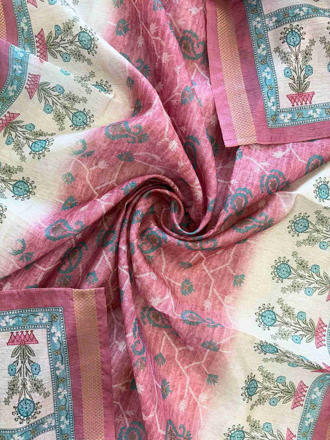 Rose pink Chanderi dupatta with printed floral border and woven edge