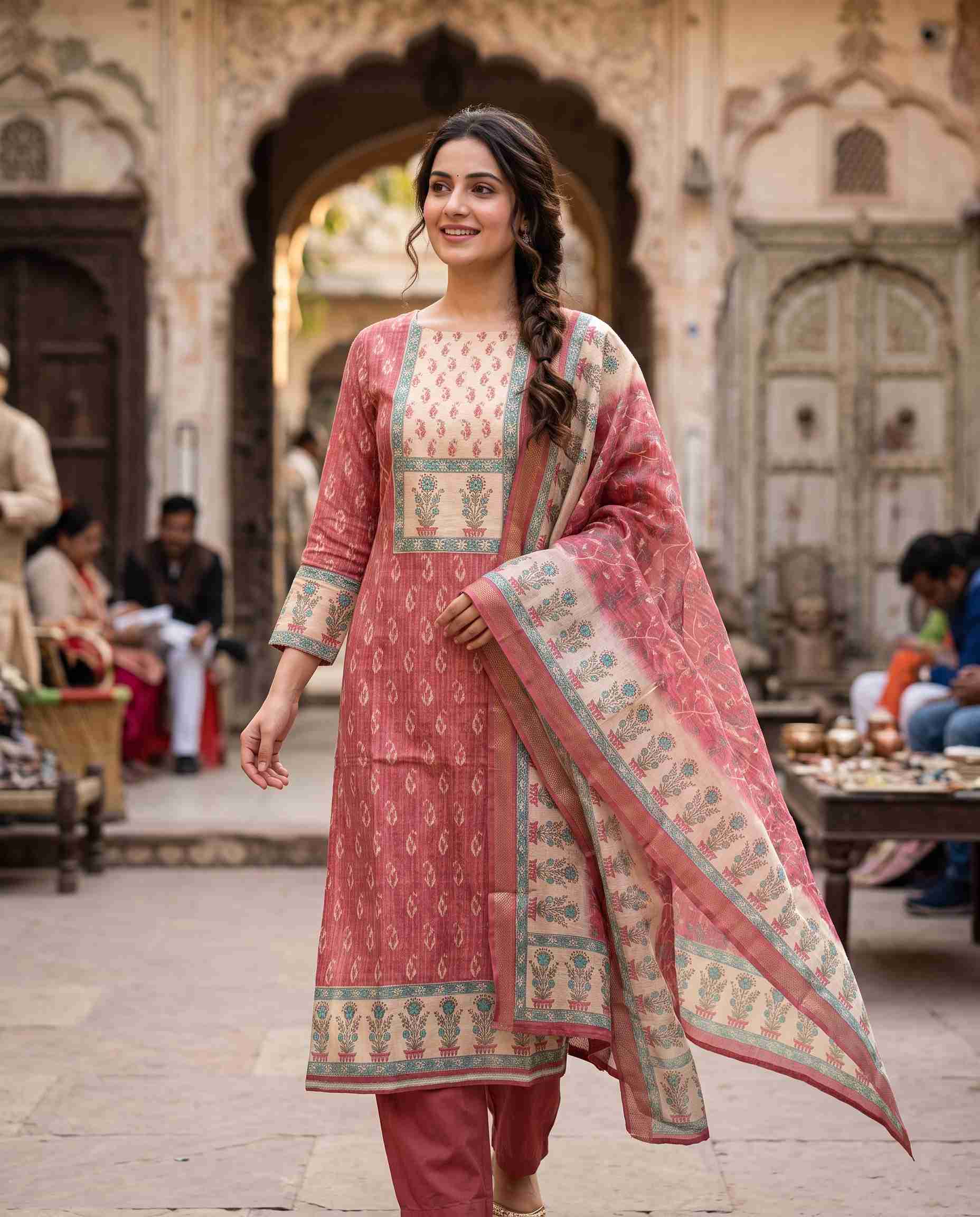 Rose pink Chanderi unstitched suit with paisley print and printed dupatta