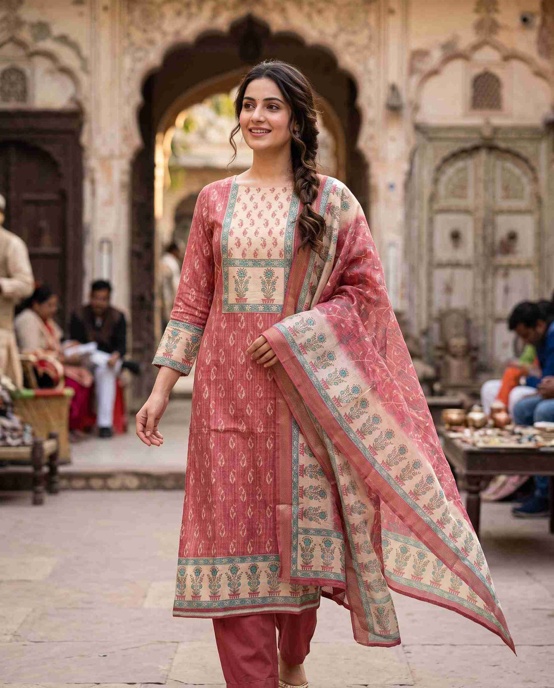 Rose pink Chanderi unstitched suit with paisley print and printed dupatta