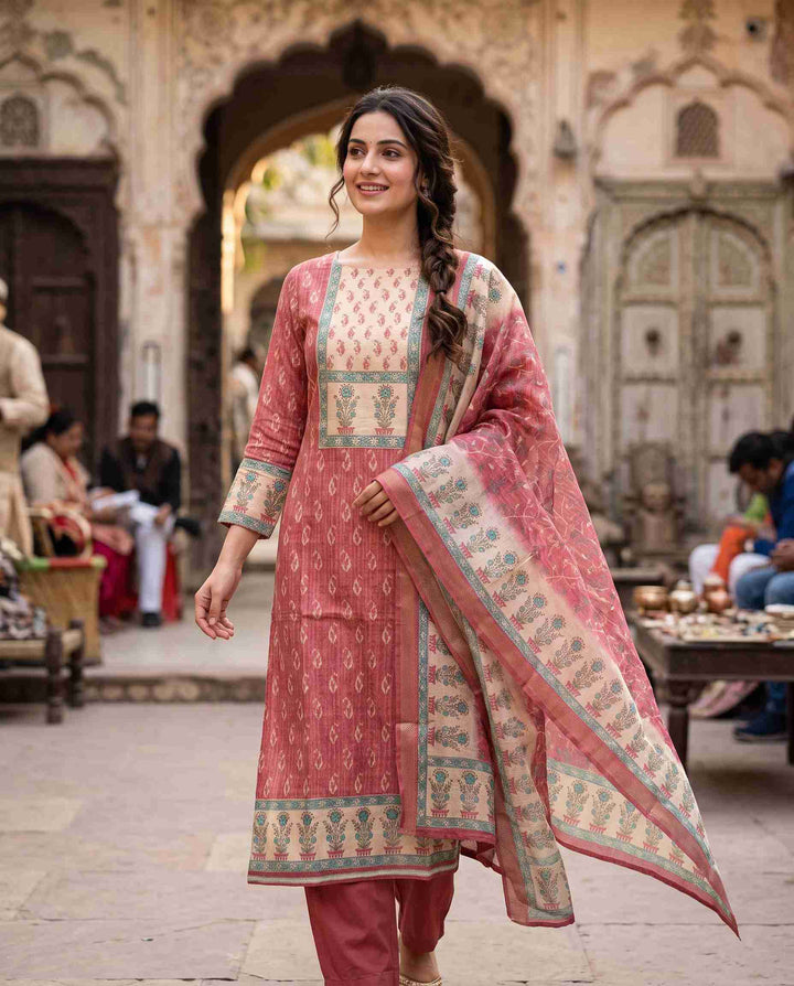 Rose pink Chanderi unstitched suit with paisley print and printed dupatta