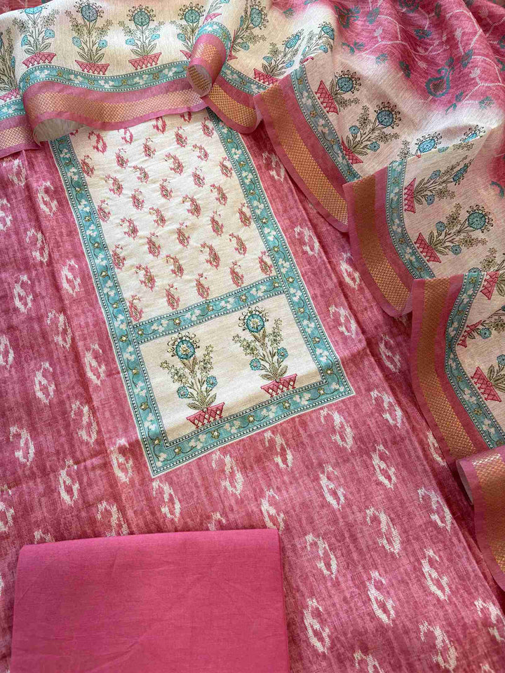 Rose pink Chanderi unstitched suit set flatlay with dupatta and cotton bottom