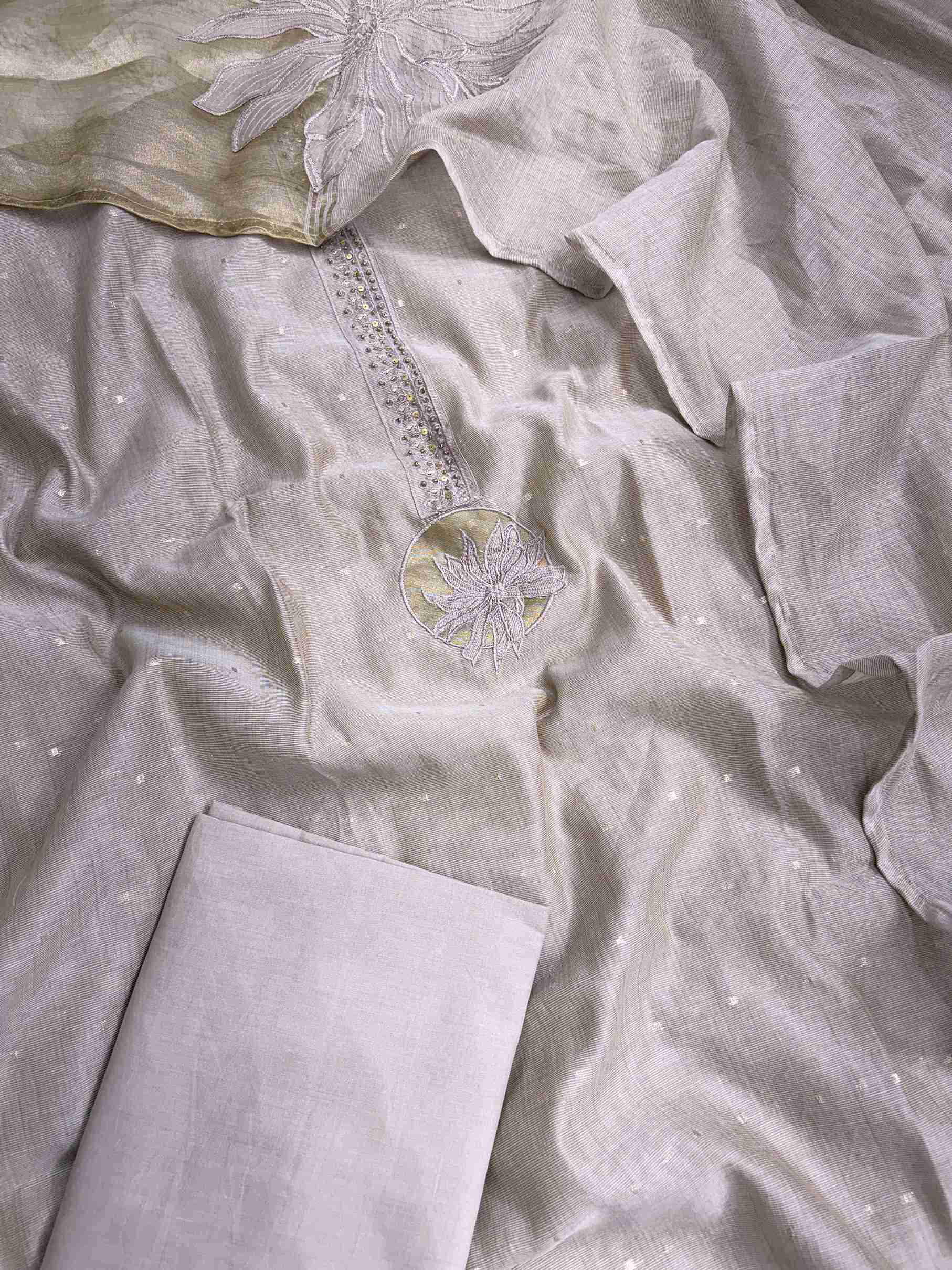Complete rose gold jamdani cotton unstitched suit flat lay set with shirt, dupatta, and plain cotton bottom