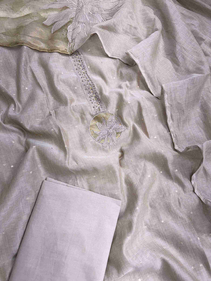 Complete rose gold jamdani cotton unstitched suit flat lay set with shirt, dupatta, and plain cotton bottom