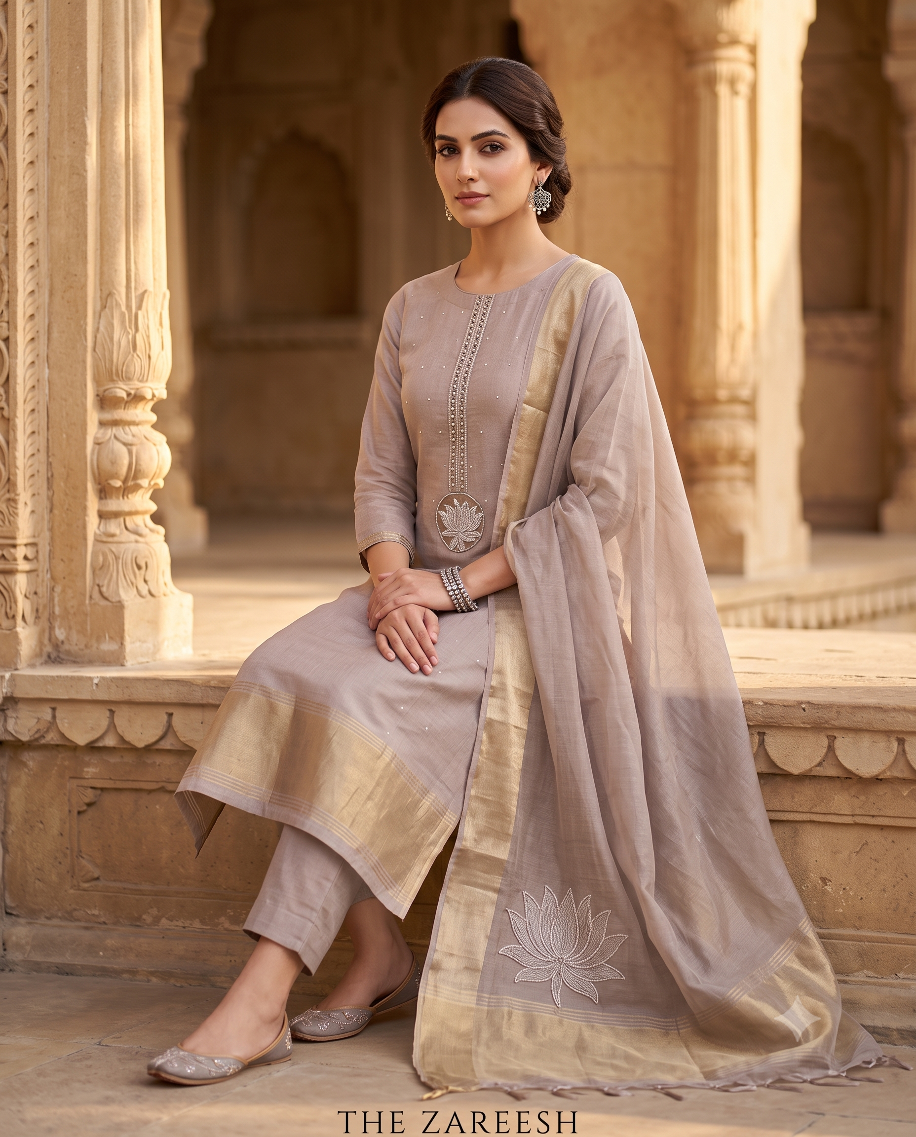 rose gold jamdani cotton unstitched suit full front view with applique corner zari patta dupatta draped on model