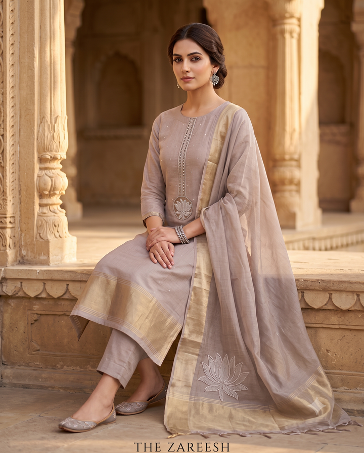 rose gold jamdani cotton unstitched suit full front view with applique corner zari patta dupatta draped on model
