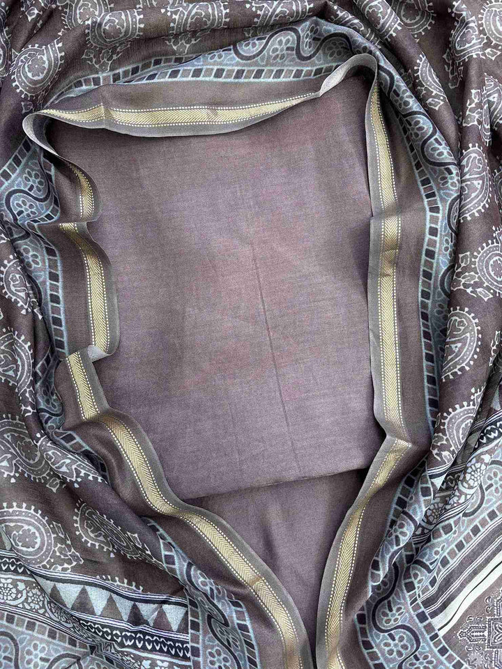 Rosewood Brown silk suit front view with plain shirt and Ajrakh printed dupatta