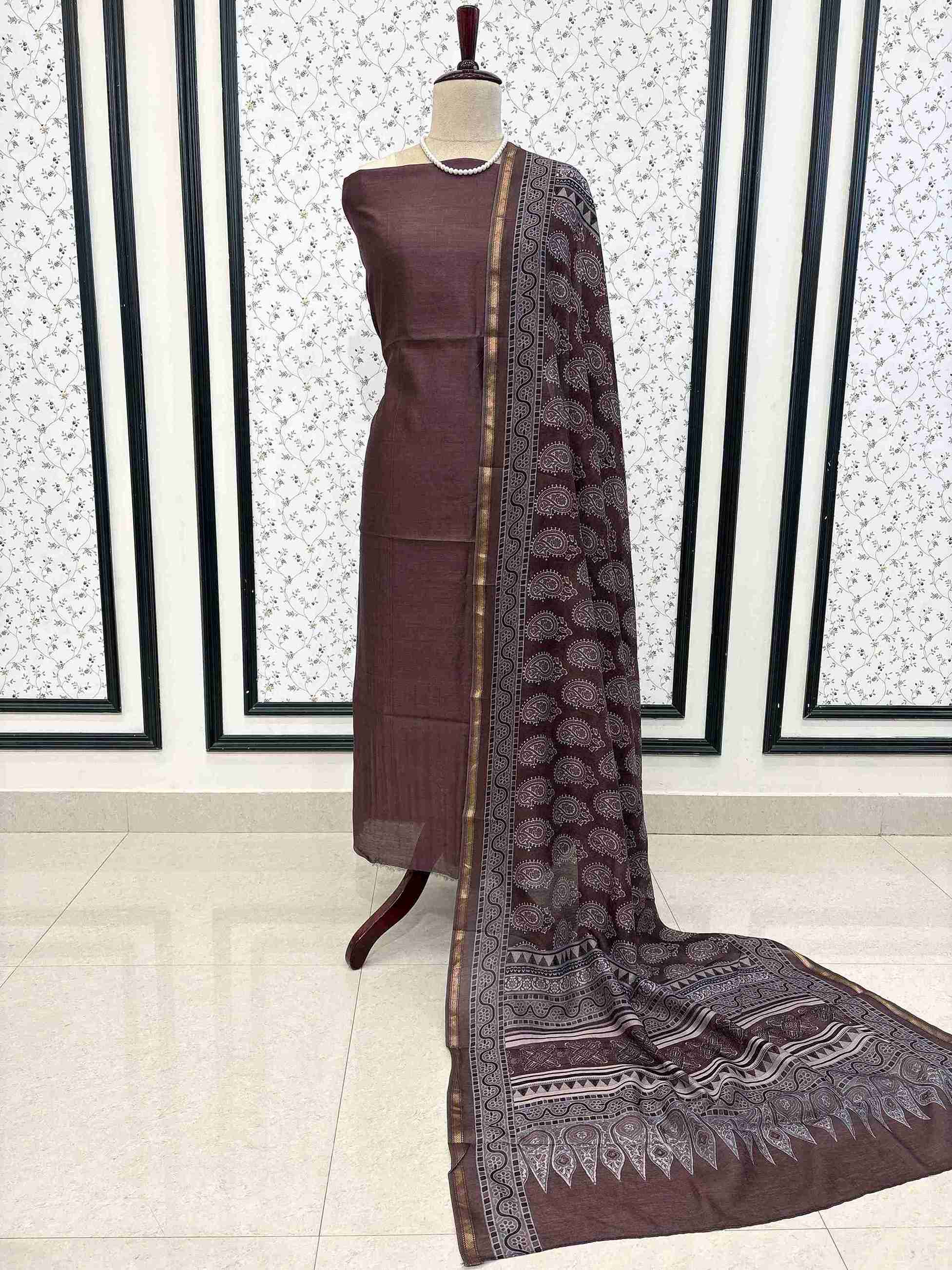 Full unstitched Rosewood Brown silk suit set with Ajrakh dupatta and cotton bottom

