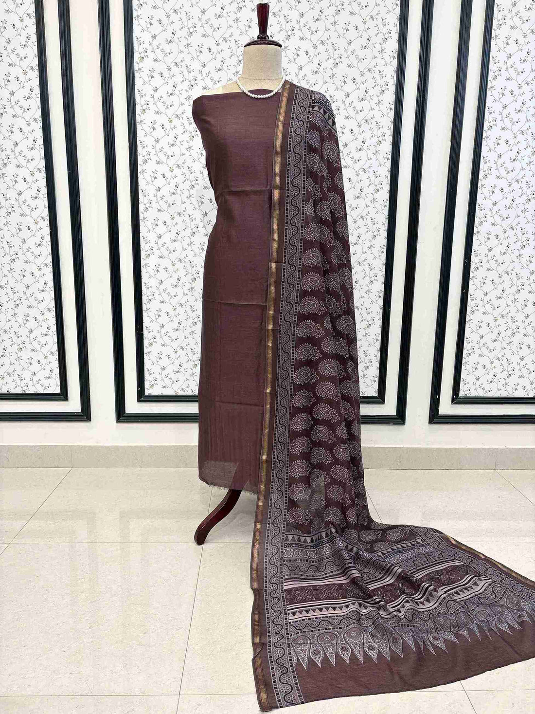 Full unstitched Rosewood Brown silk suit set with Ajrakh dupatta and cotton bottom
