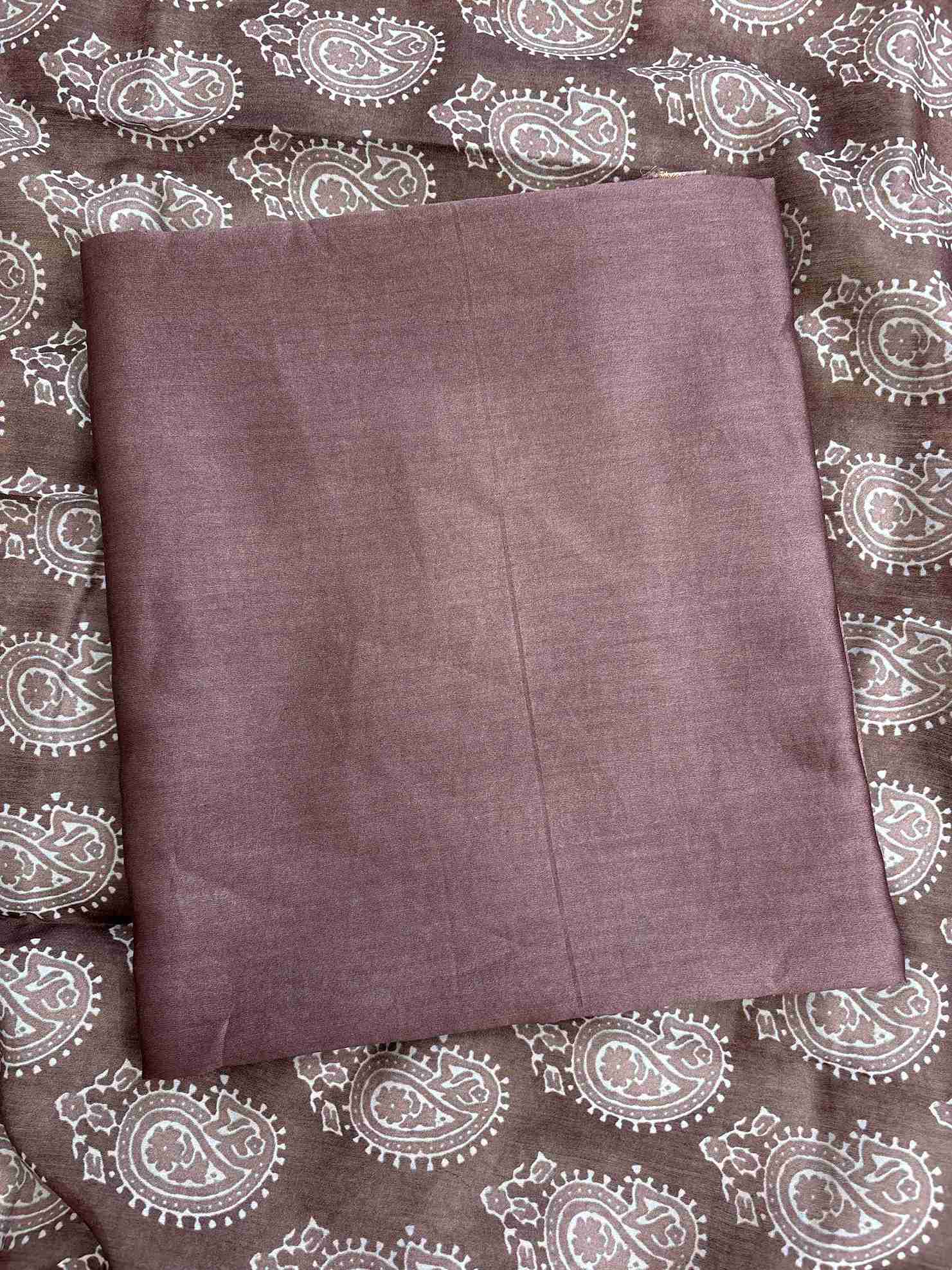 Close-up of digitally printed Ajrakh style dupatta on Rosewood Brown silk suit