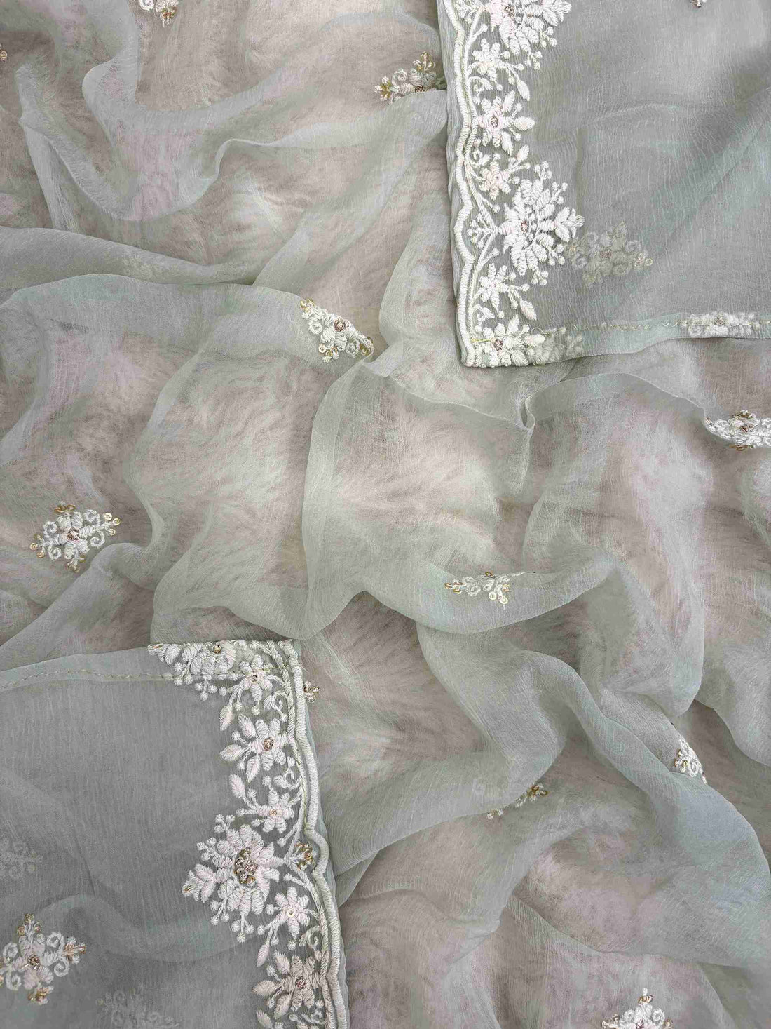 Sage green chiffon dupatta with delicate chikankari floral motifs