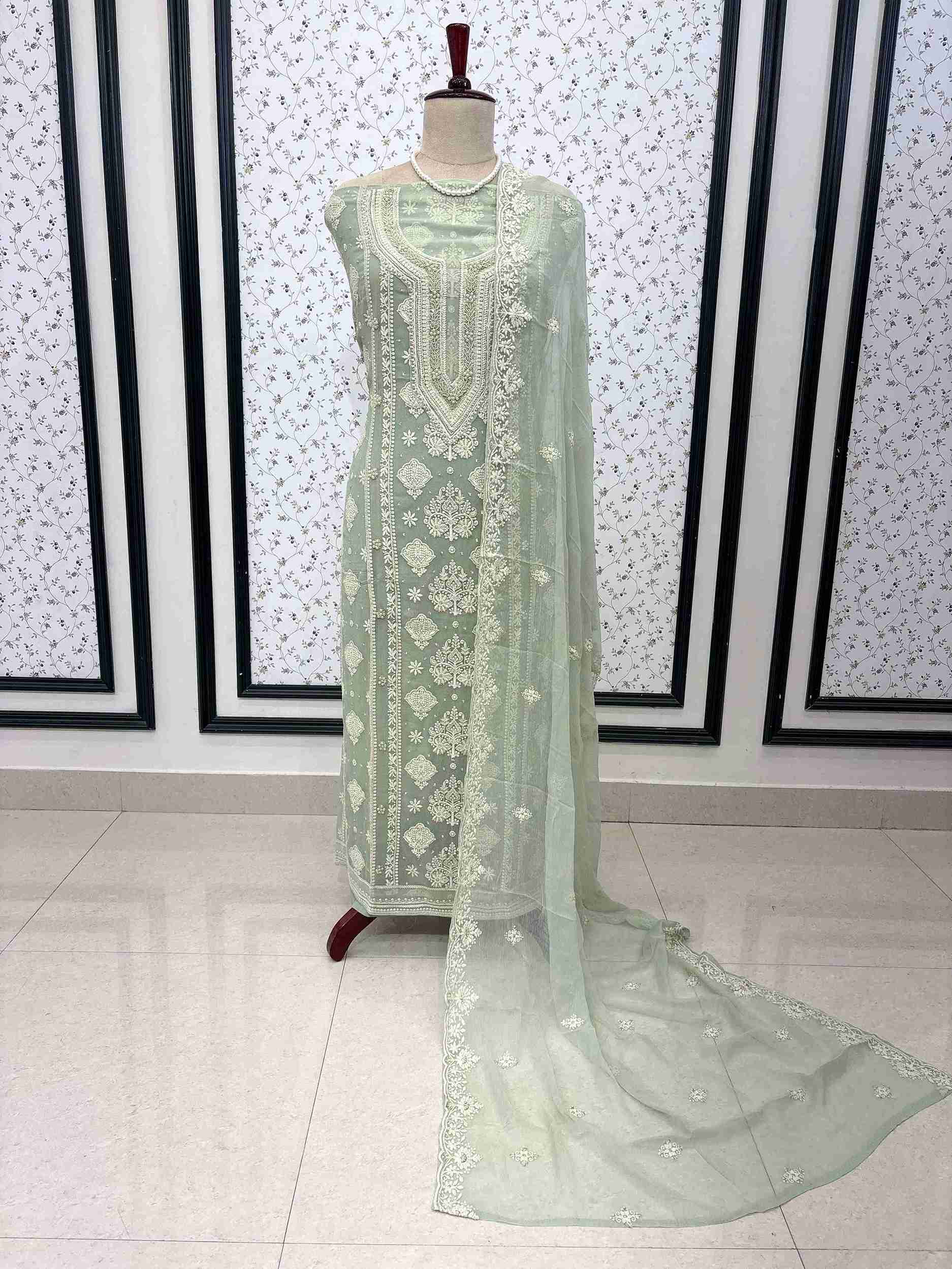Sage green heavy chikankari wedding wear unstitched suit set with dupatta