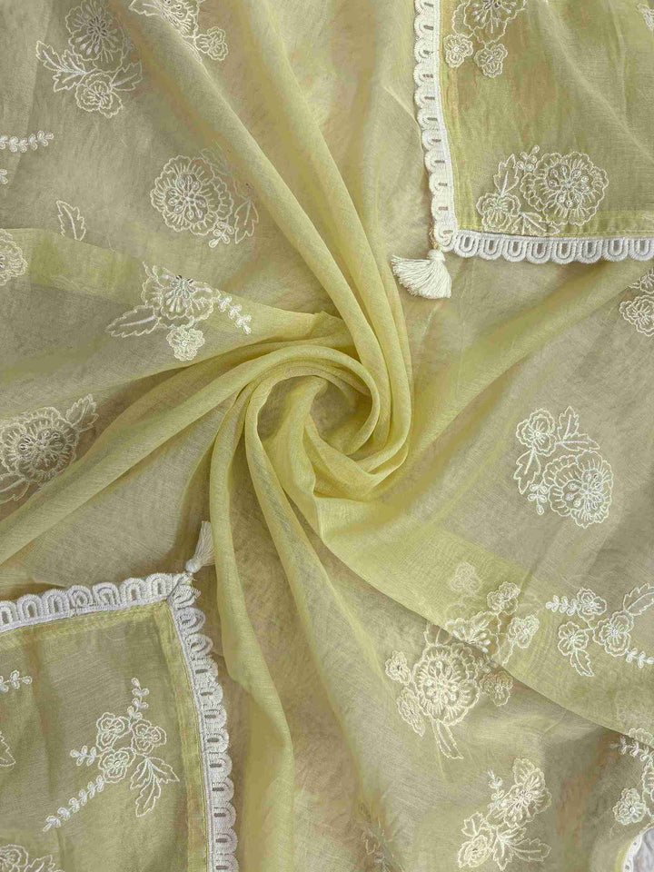 Broad lace border at hemline of sage green mul chanderi unstitched shirt