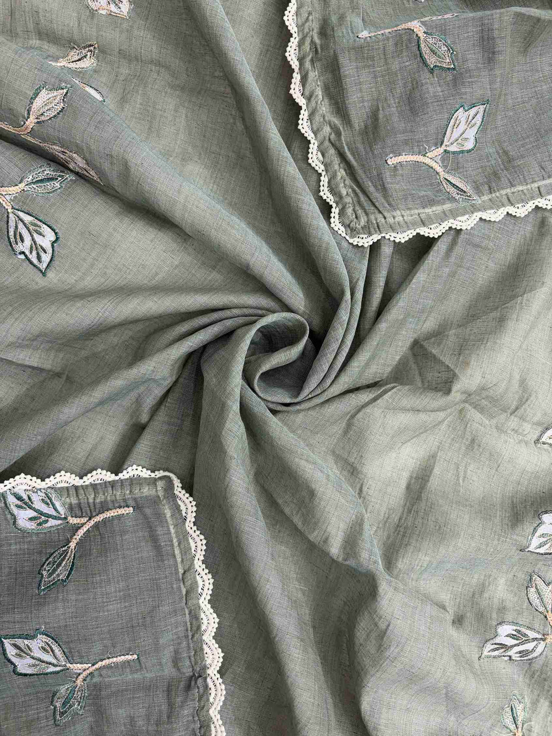 Embroidered border with crotia lace finishing along longer sides of sage green mul chanderi dupatta