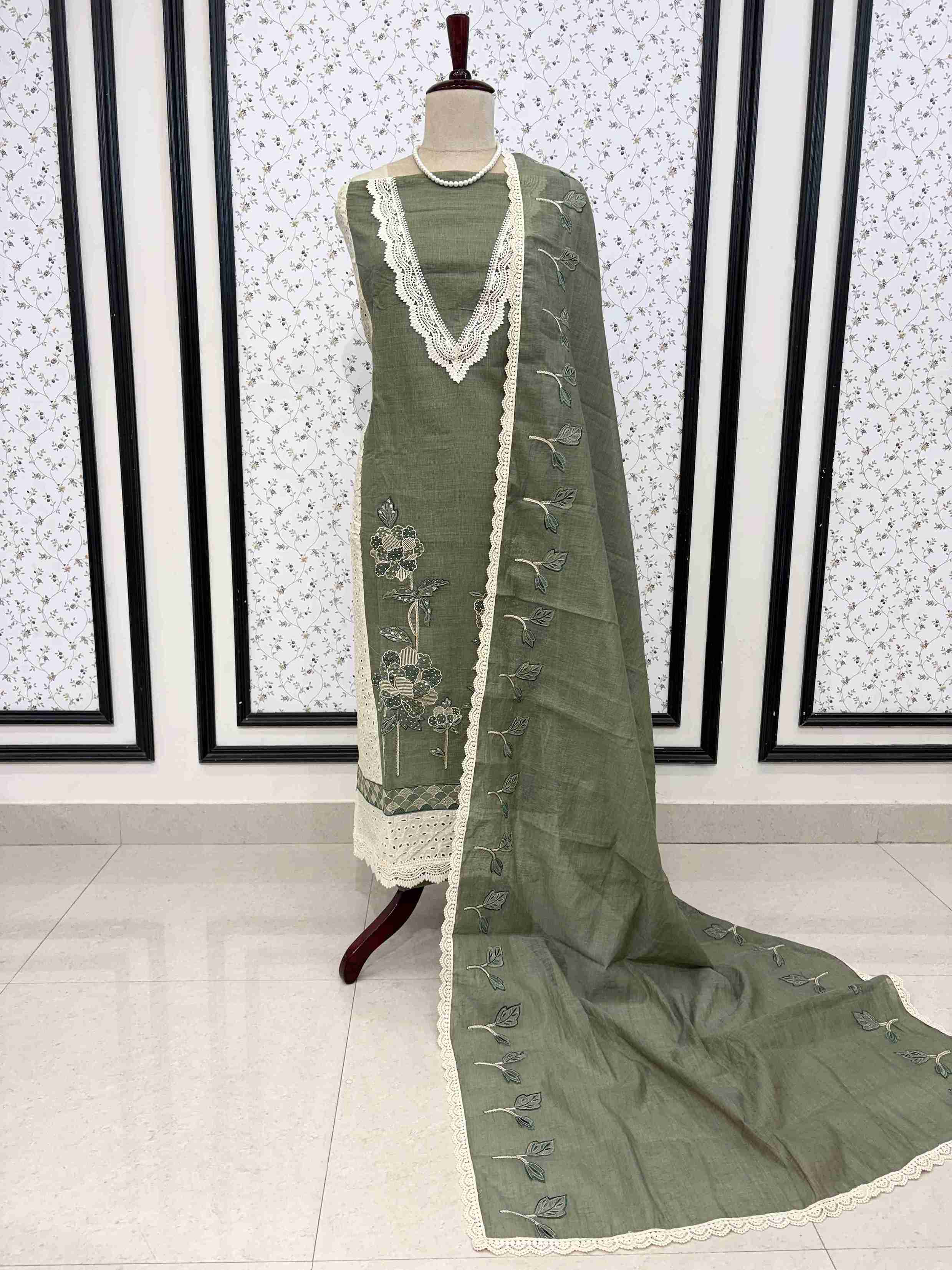 sage green mul chanderi unstitched suit full front view with dupatta draped on mannequin