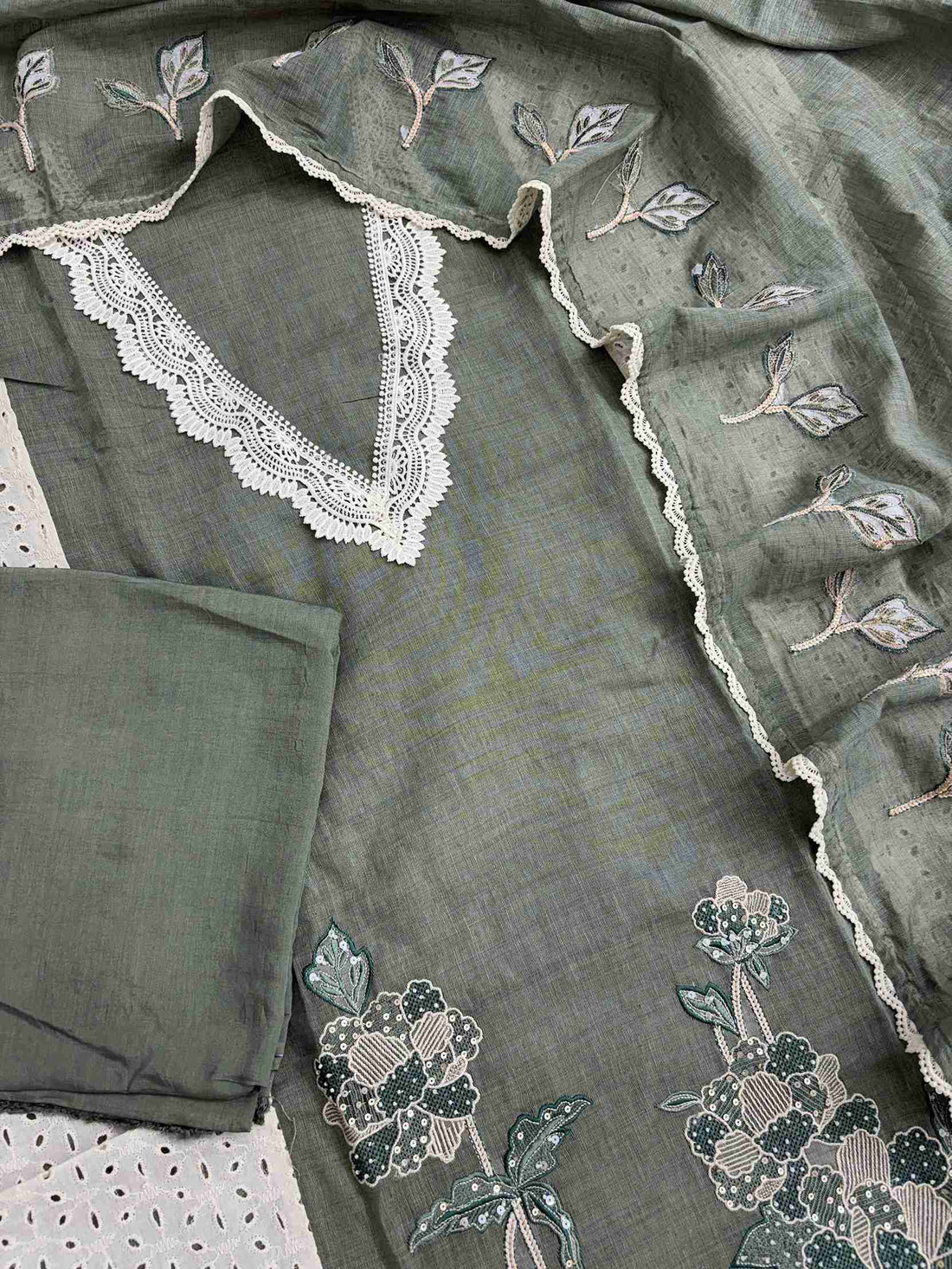 Complete sage green mul chanderi unstitched suit set with shirt, dupatta, and cotton bottom