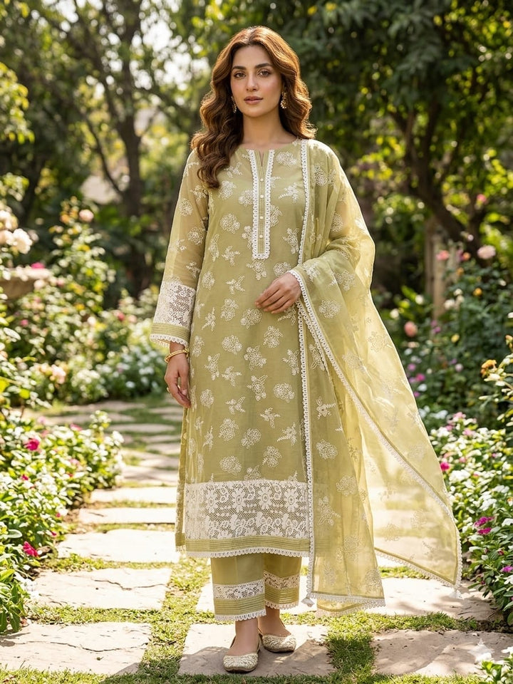 Sage green mul chanderi unstitched suit full front view worn by model with matching dupatta draped