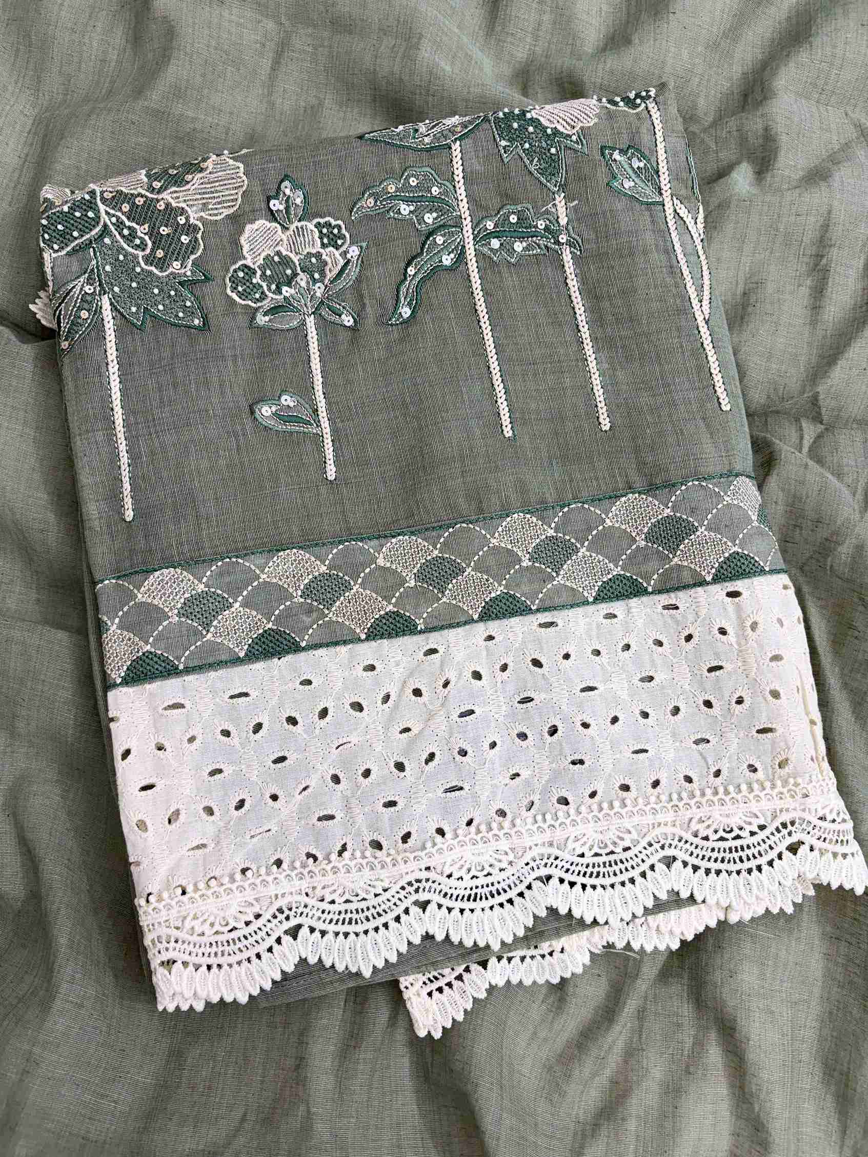 Broad schiffili cotton hem border with crotia lace at the bottom of sage green mul chanderi shirt