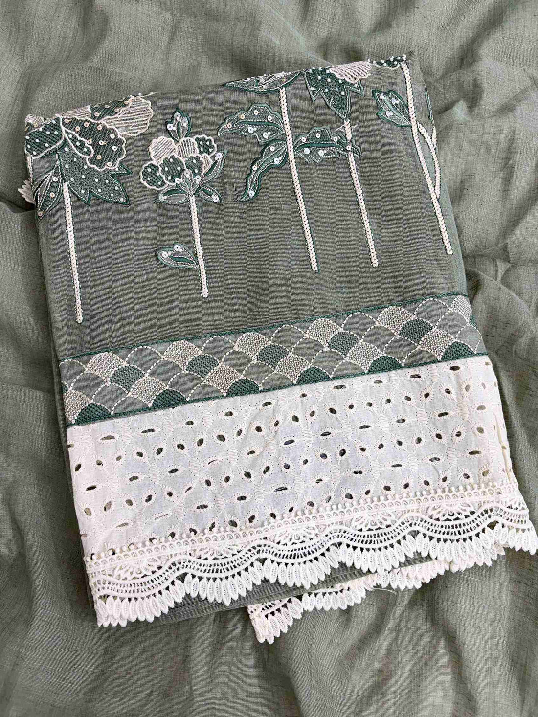 Broad schiffili cotton hem border with crotia lace at the bottom of sage green mul chanderi shirt
