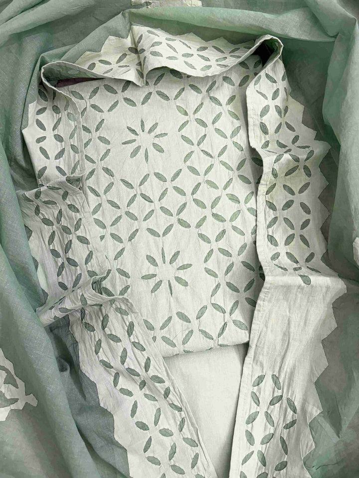 Sage green pure cotton unstitched suit set with applique jaali handwork on shirt and dupatta