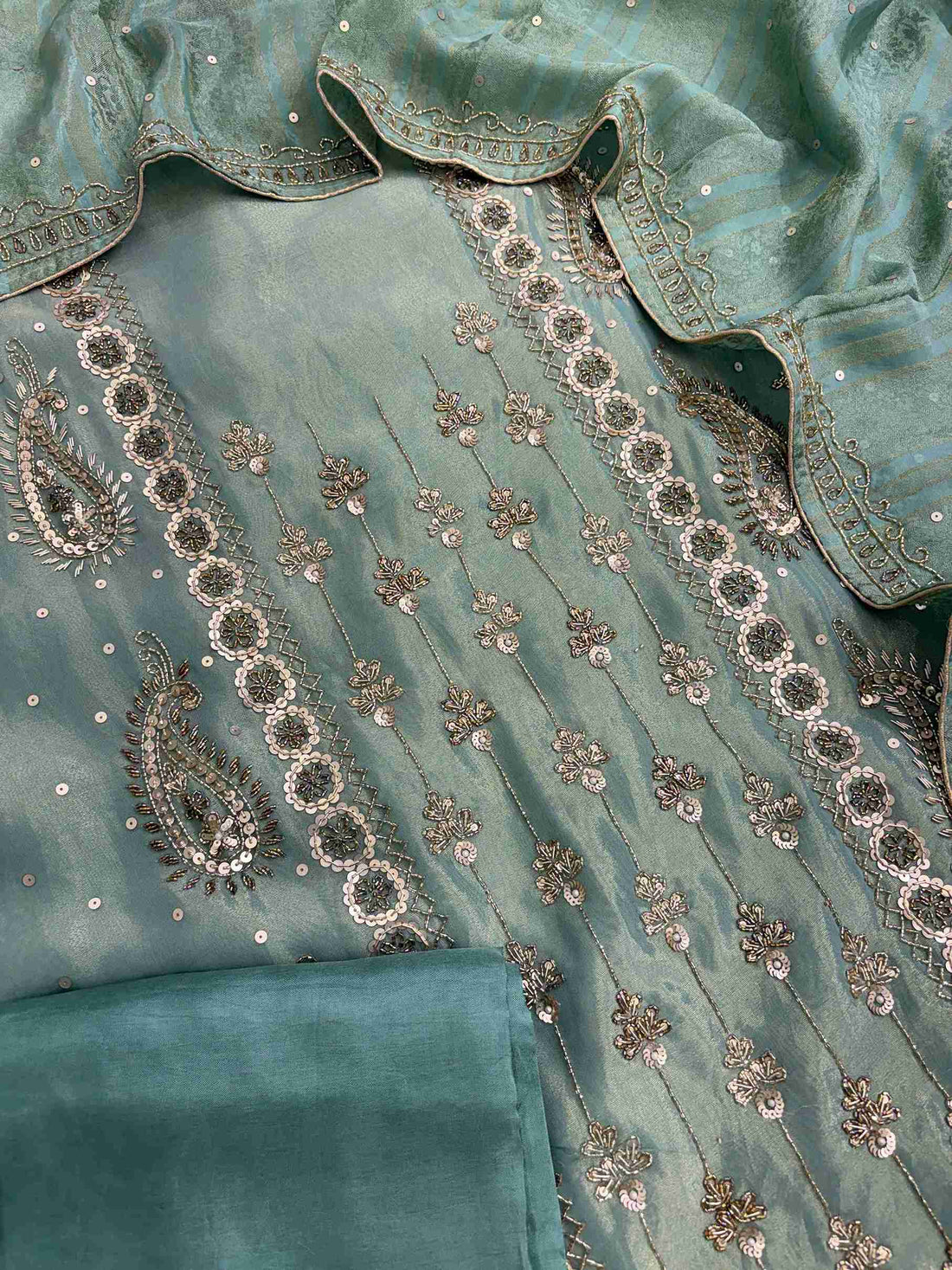 Opada silk bottom fabric included with sea green handwork suit set