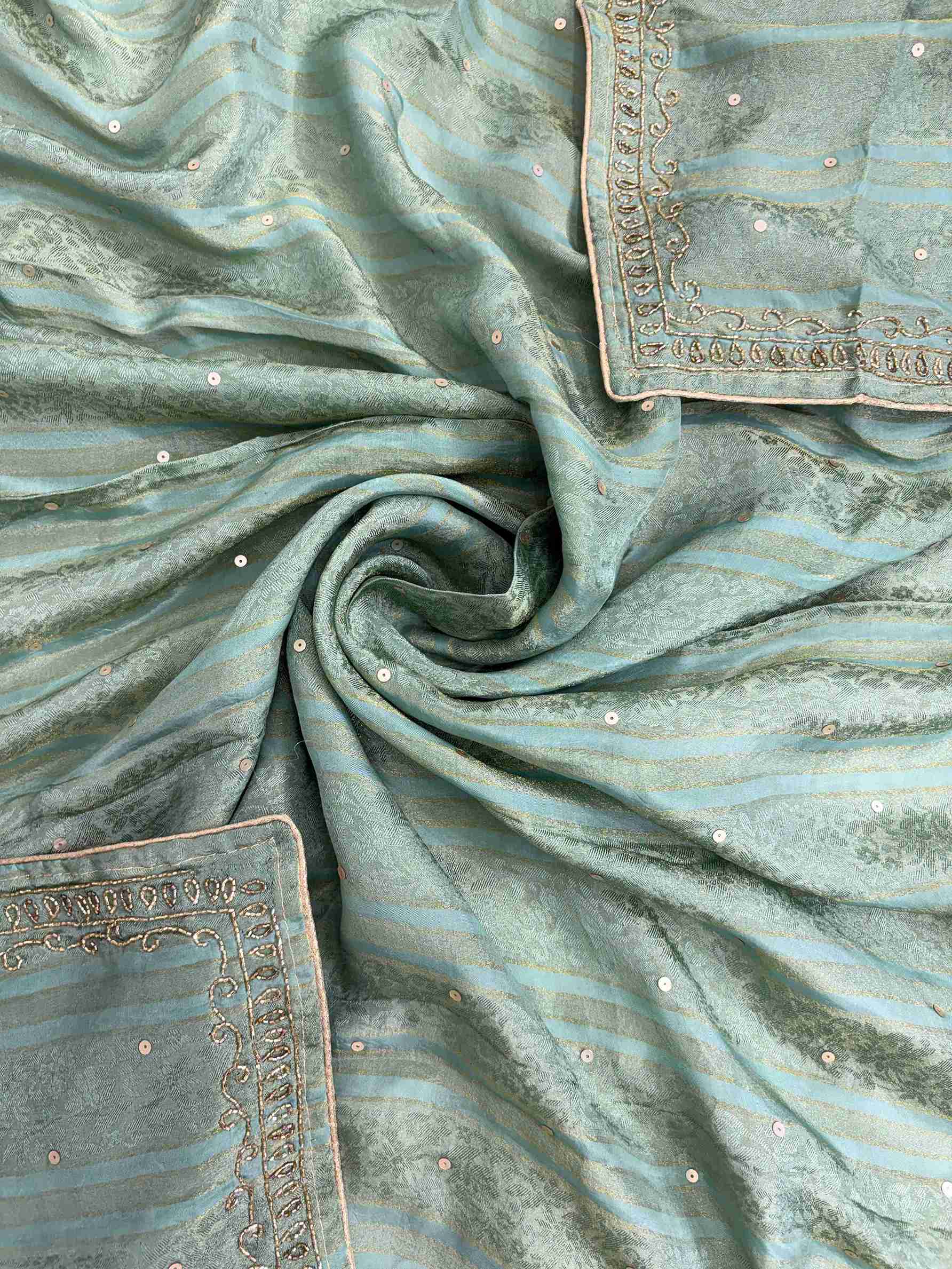 Sea green shimmer organza dupatta with jacquard stripe impressions