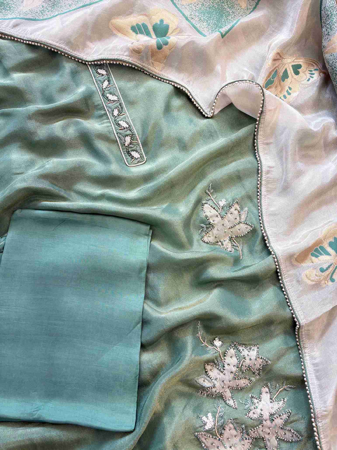 int green shimmer tissue shirt with applique work at daaman