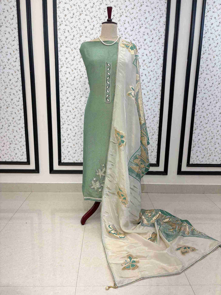 Shimmer tissue unstitched suit set with mint green shirt and printed dupatta on manequinn