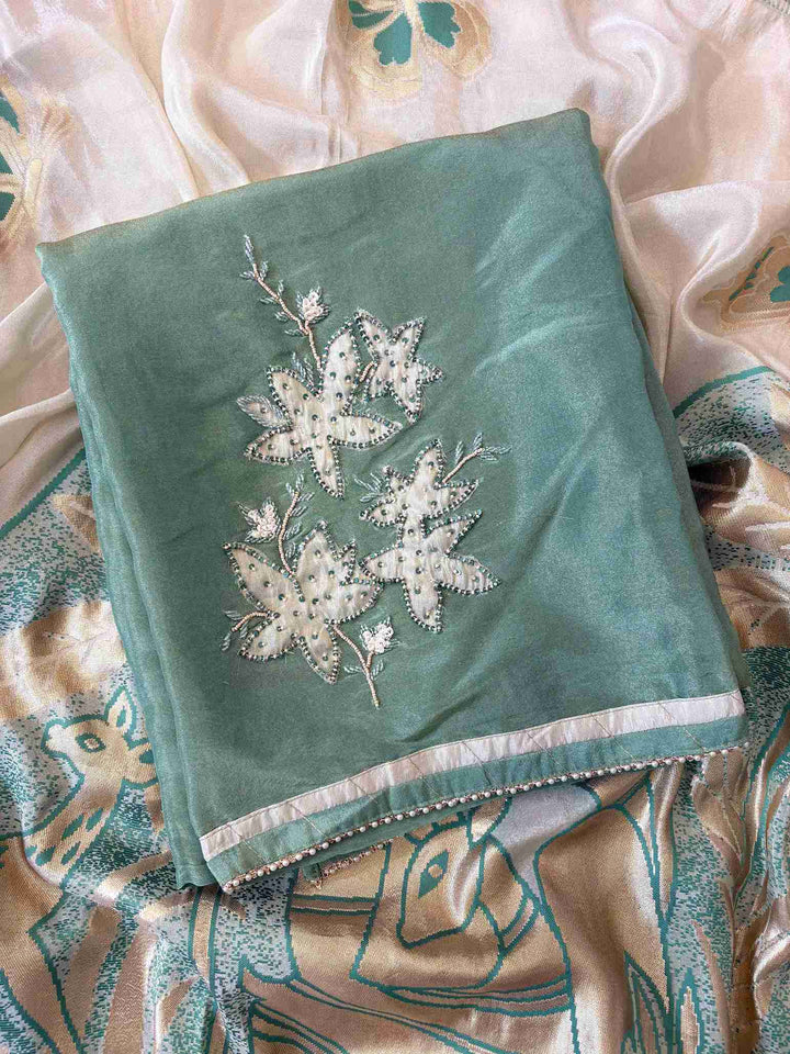 Shimmer tissue unstitched suit set with mint green shirt and printed dupatta