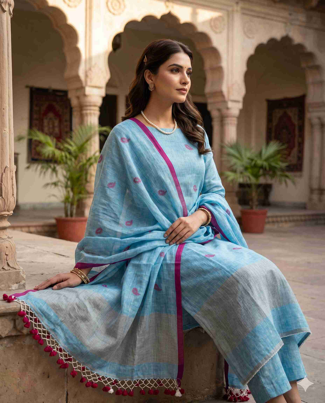 Model wearing sky blue linen suit
