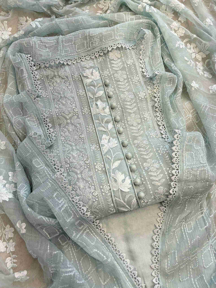 Soft green chikankari and applique georgette unstitched suit with chiffon dupatta