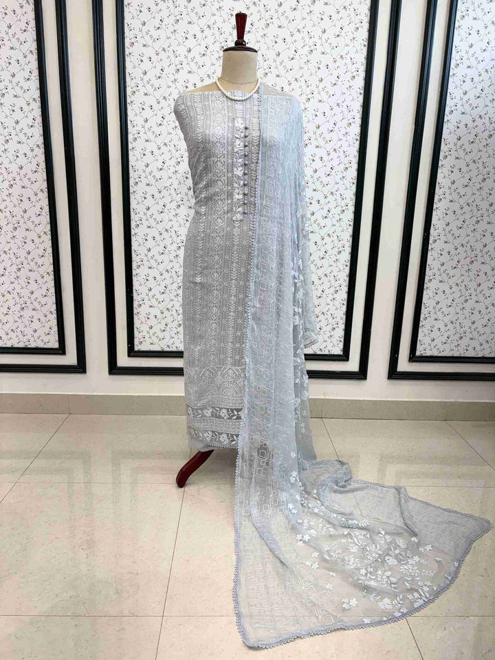 Complete soft grey chikankari and applique unstitched suit set