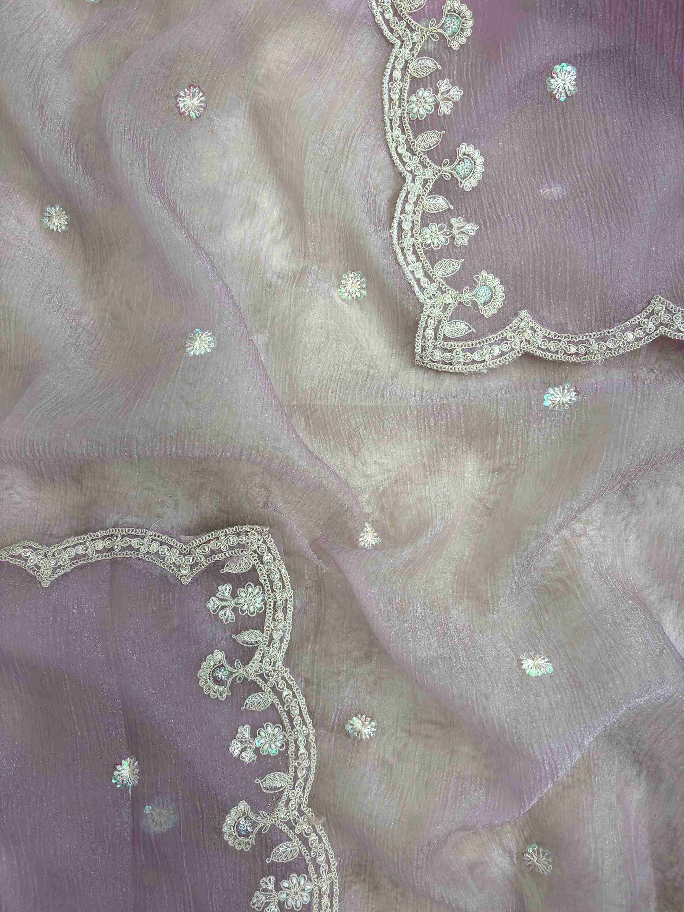 Marble chiffon dupatta with embroidered cutwork border in soft lavender
