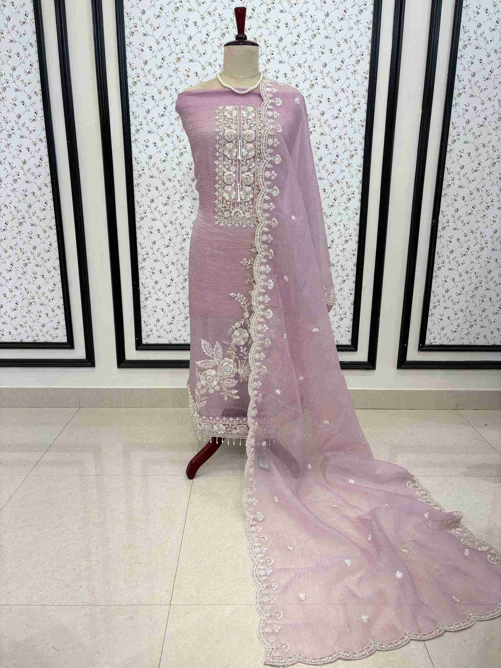 Soft lavender marble chiffon unstitched suit with heavy embroidery on manequinn