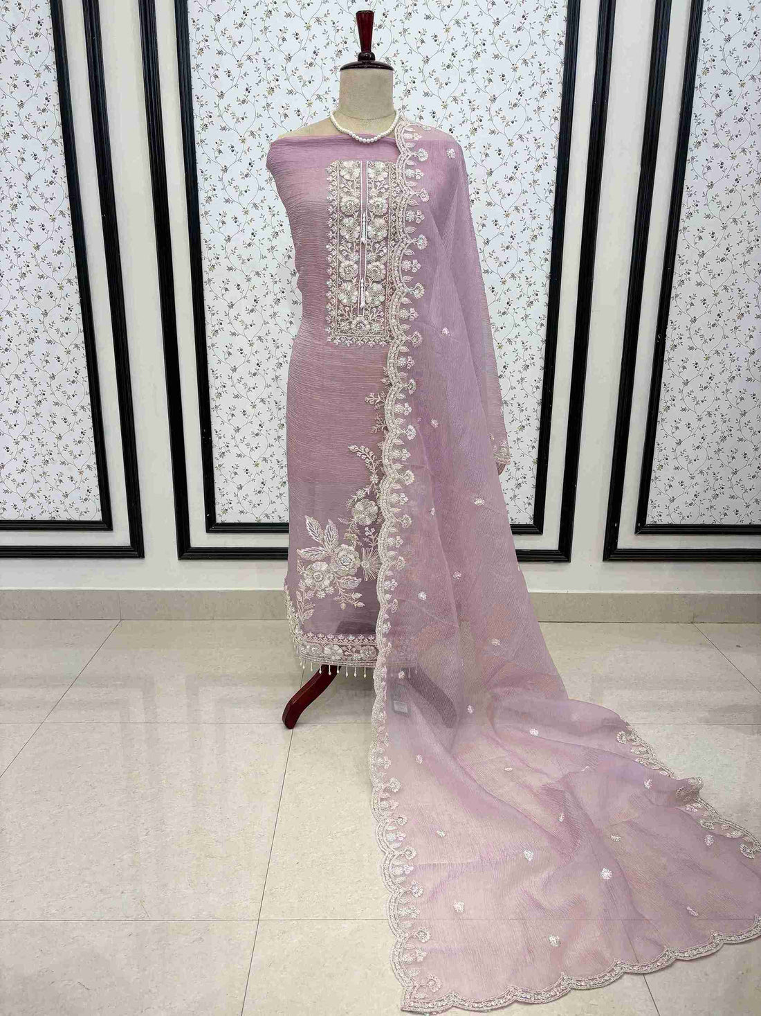 Soft lavender marble chiffon unstitched suit with heavy embroidery on manequinn