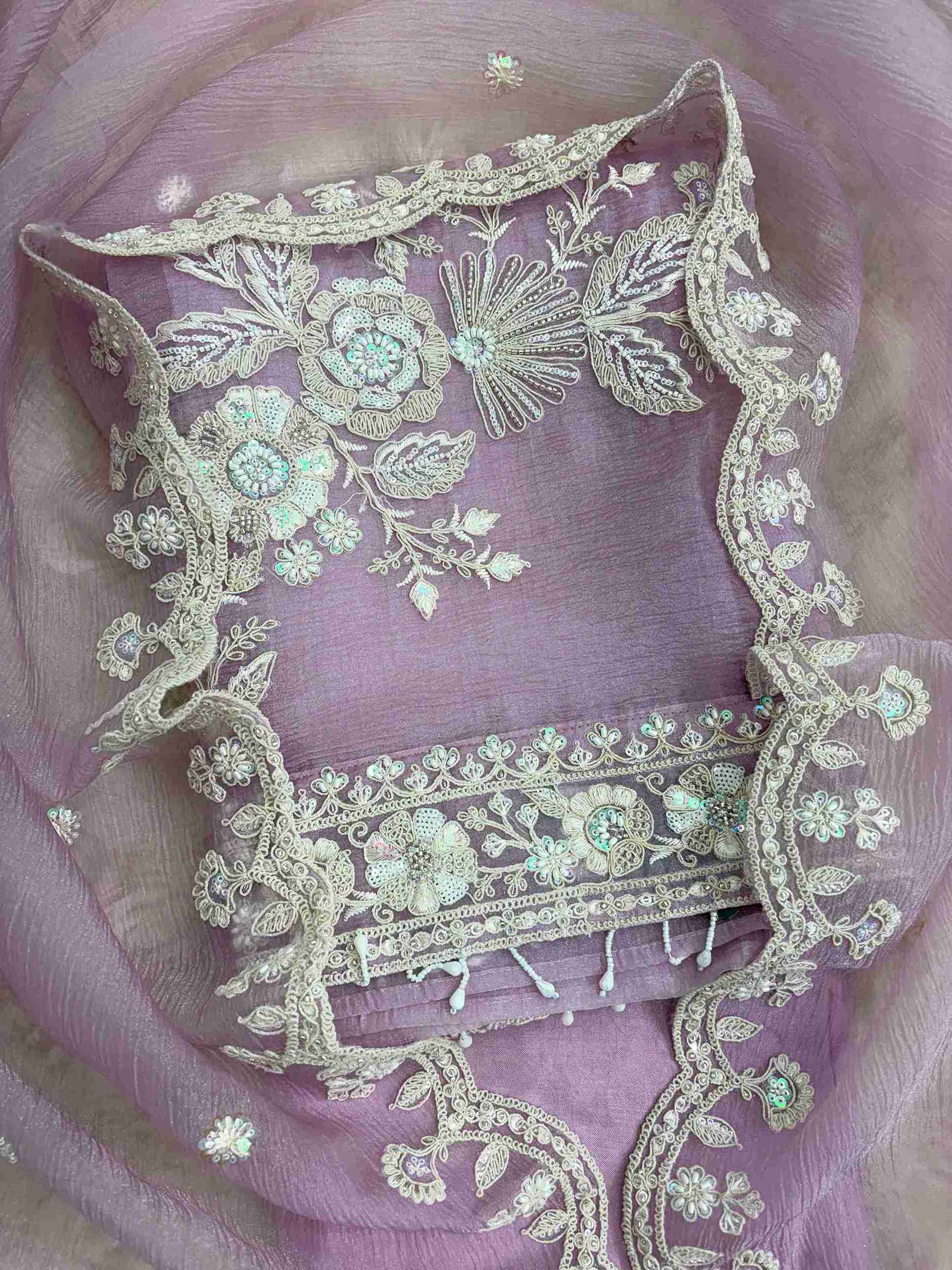 Soft lavender marble chiffon unstitched suit with heavy embroidery