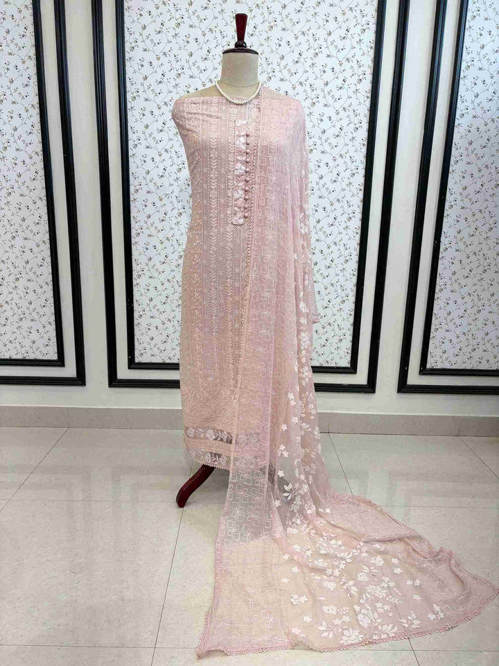 Complete soft pink chikankari and applique unstitched suit set