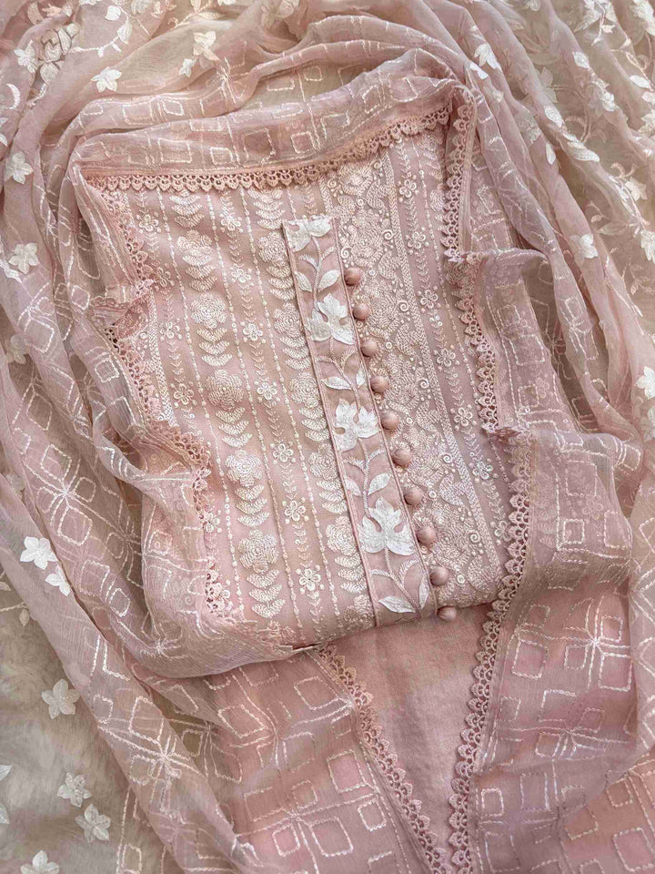 Soft pink chikankari and applique georgette unstitched suit with chiffon dupatta