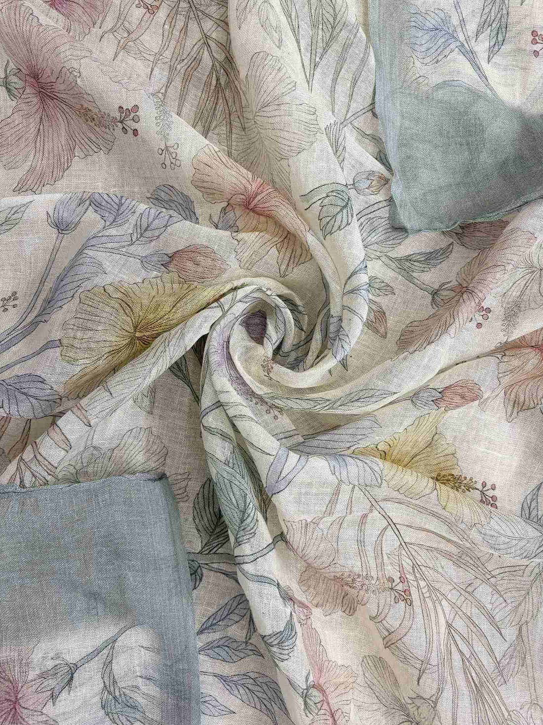 All-over multicolor digital floral print with hibiscus blooms and tropical leaves on off-white pure linen dupatta