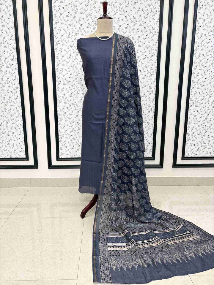 Full unstitched Steel blue silk suit set with Ajrakh dupatta and cotton bottom