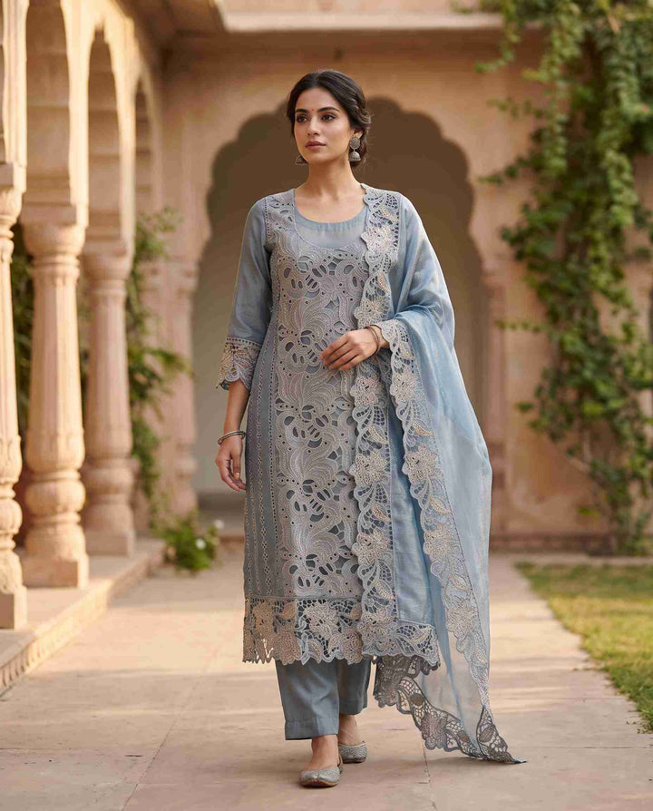 Steel blue shimmer tissue unstitched suit with full cutwork panel shirt and cutwork dupatta