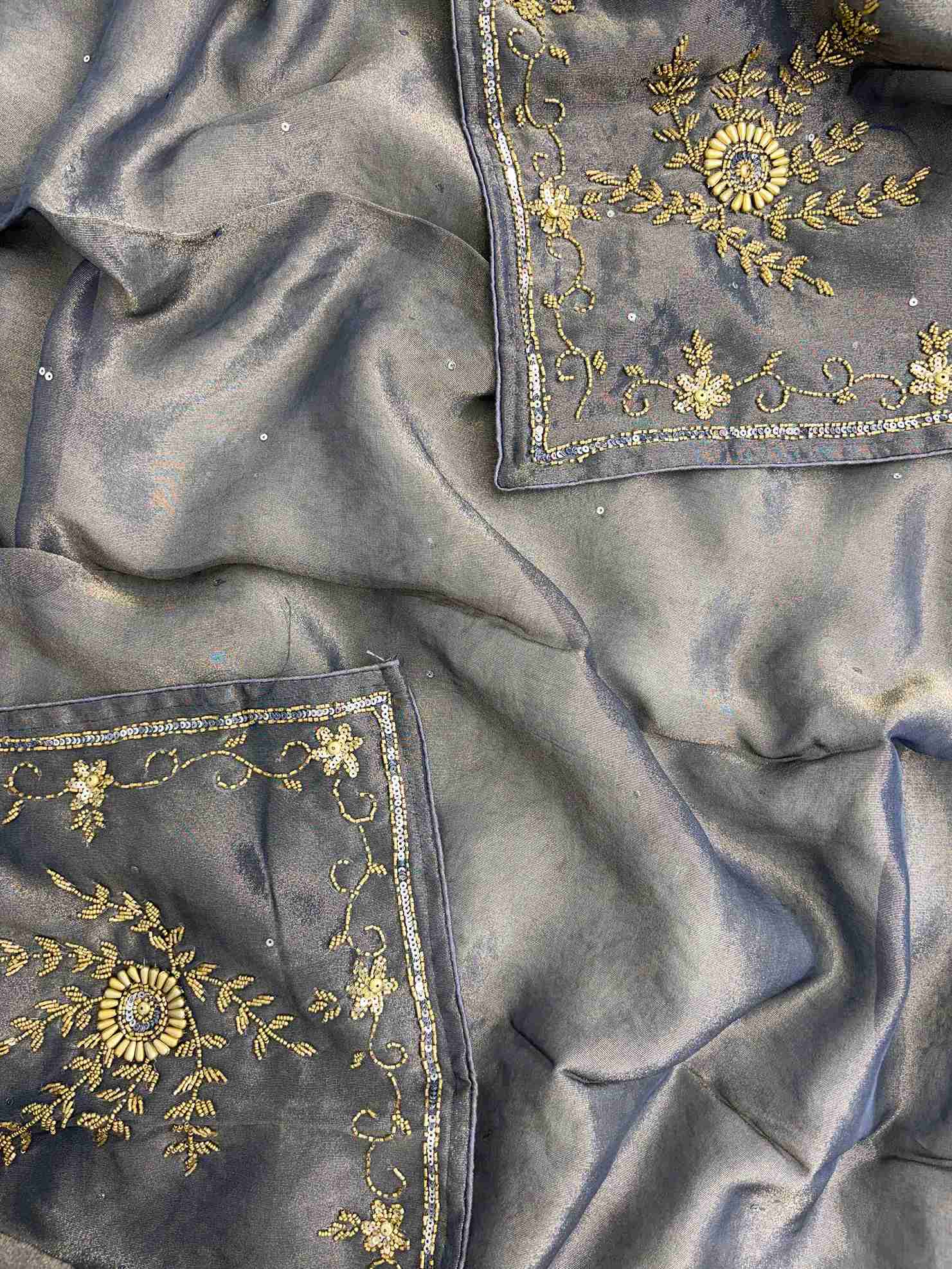 Steel blue shimmer tissue dupatta with heavily embroidered borders