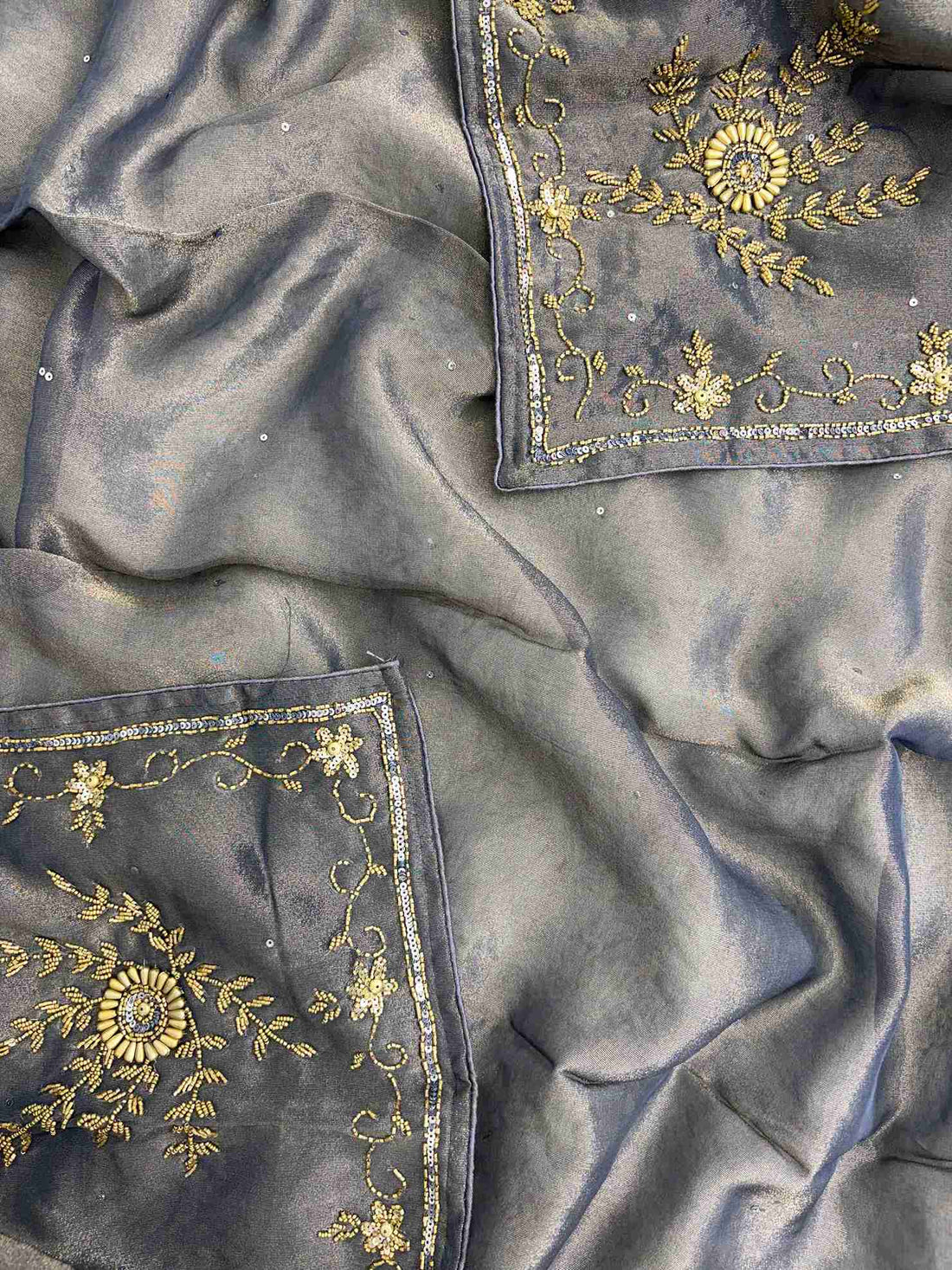 Steel blue shimmer tissue dupatta with heavily embroidered borders