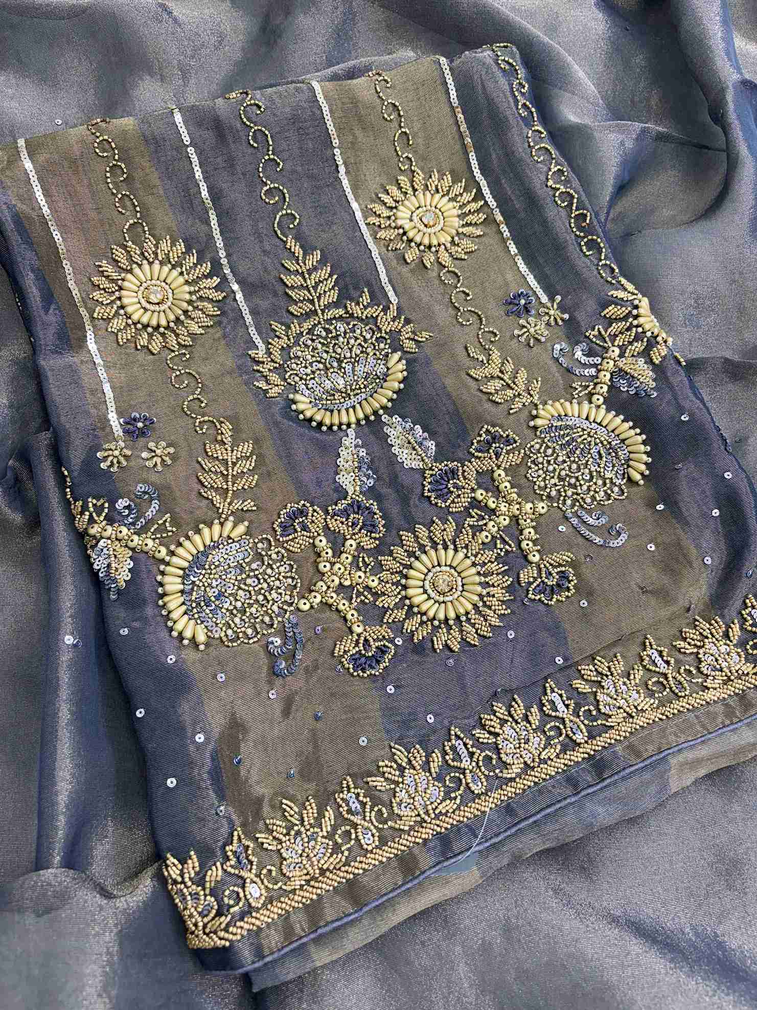 Steel blue shimmer tissue shirt with intricate beadwork and zardozi-inspired detailing