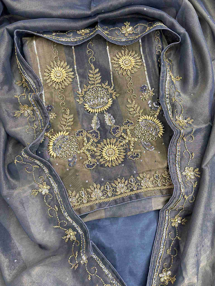 Steel blue shimmer tissue unstitched suit set with heavy hand embroidery