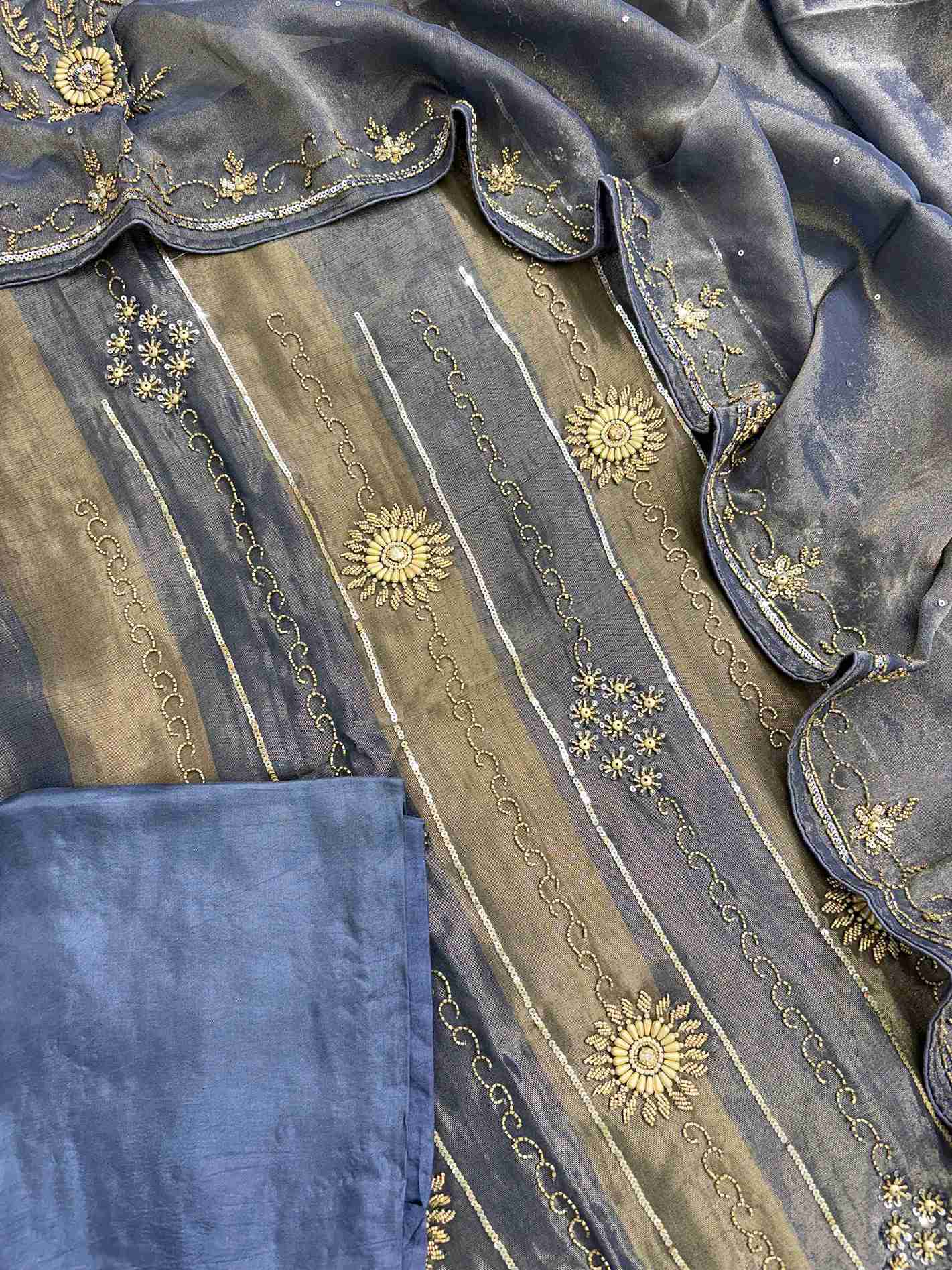 Steel blue heavy unstitched suit set with shimmer tissue shirt dupatta and opada silk bottom