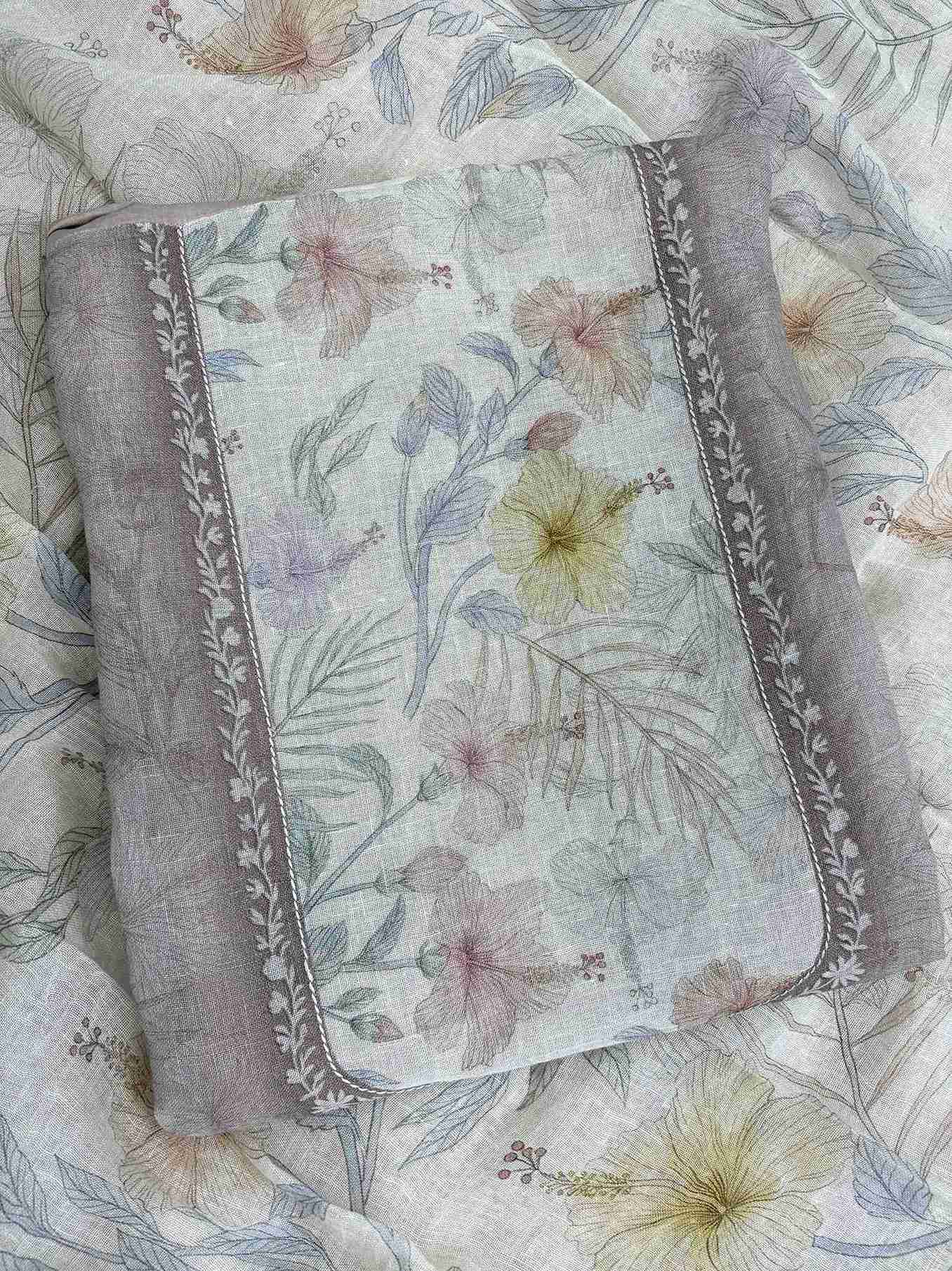 All-over tonal printed texture in soft botanical impressions across taupe beige pure linen shirt body