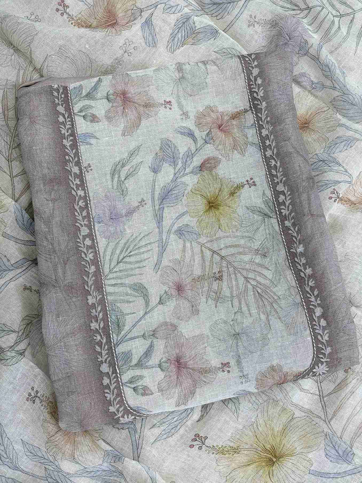 All-over tonal printed texture in soft botanical impressions across taupe beige pure linen shirt body