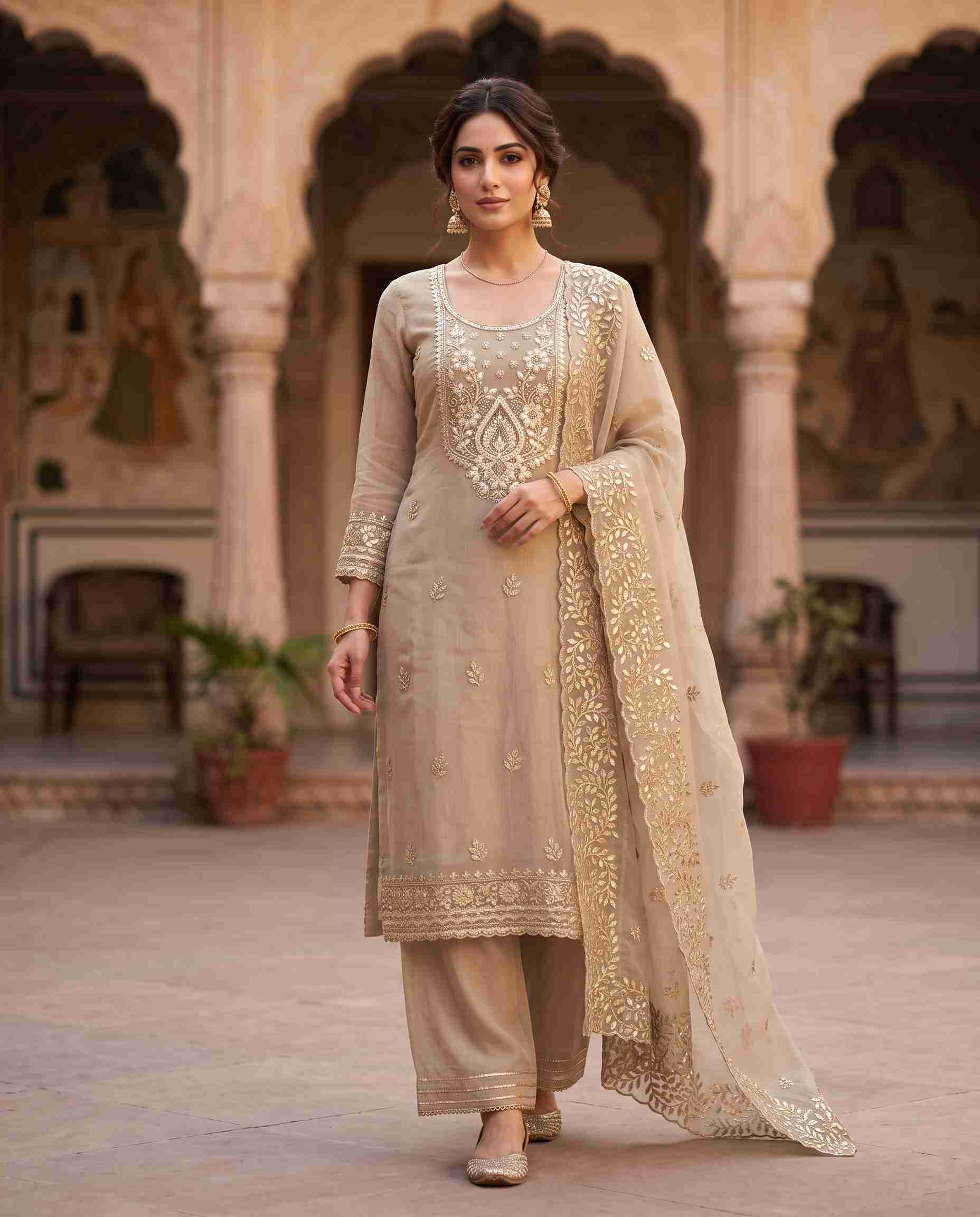 Taupe Beige shimmer tissue unstitched suit with leather gota work and tissue dupatta