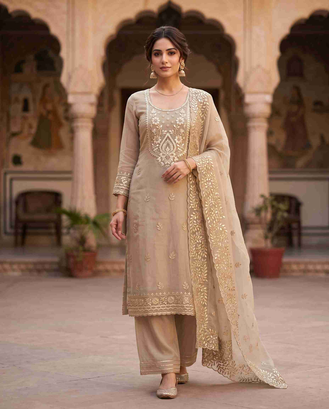 Taupe Beige shimmer tissue unstitched suit with leather gota work and tissue dupatta